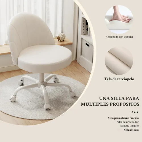 Miniatura 4 de Silla de tocador de terciopelo con ruedas, silla giratoria de maquillaje de altura ajustable, silla de escritorio pequeña sin brazos para Blanco