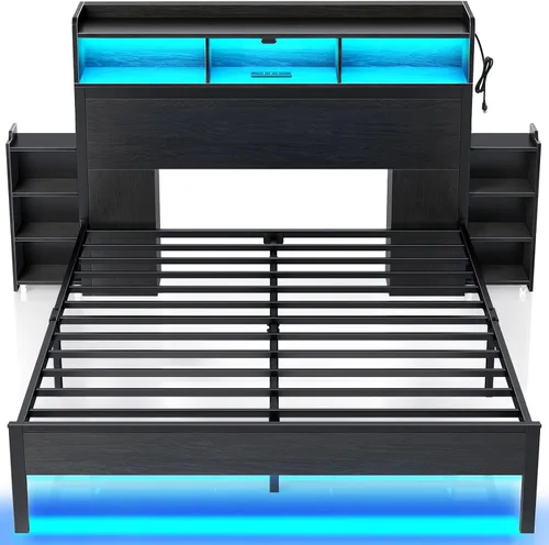 Rolanstar - Marco de cama tamaño completo con cabecera de almacenamiento tipo librero, almacenamiento deslizable lateral, cama con estación de carga