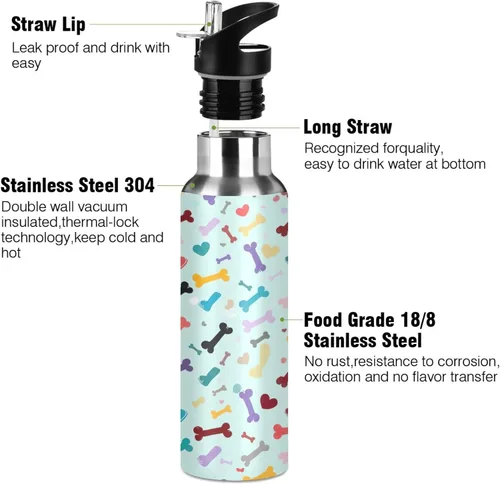 Miniatura 3 de BPA-Free Sport Water Bottle Insulated 20 Oz, Stainless Steel Vacuum Insulated Water Bottle for Gym Outdoor Travel School, Colorful Dog Bone Heart