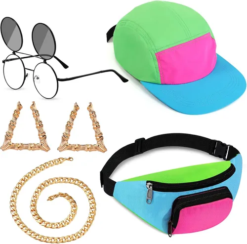 Cindeer 5 piezas de accesorios de hip hop de los años 90 para mujeres y hombres, traje de los años 80 y 90, riñonera de neón, sombrero, lentes de