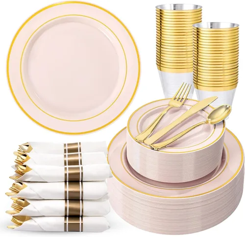 Miniatura 17 de 350 piezas de platos de plástico negro y dorado con cubiertos desechables, incluye 50 platos de cena de 9 pulgadas, 50 platos de postre de 6.3