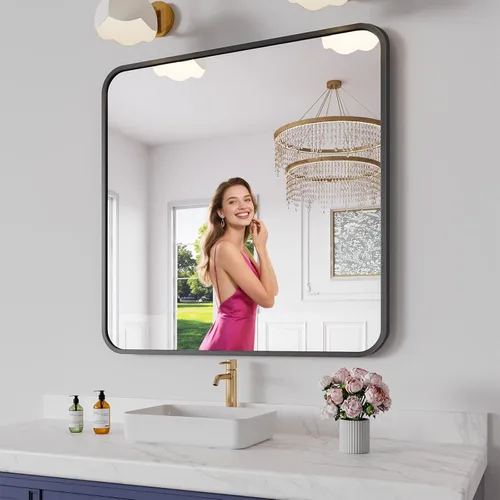 Miniatura 25 de Koonmi Espejo de baño, 30 x 30 pulgadas, espejo con marco de metal negro para baño, vidrio templado, antioxidante, espejo rectangular redondeado