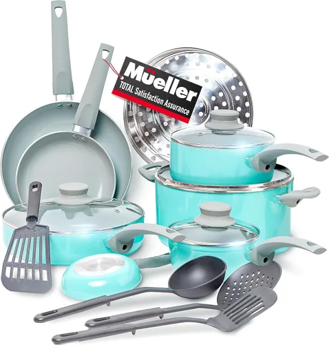 Mueller Juego de utensilios de cocina de piedra antiadherente de 16 piezas con vaporera y tapas de vidrio, turquesa