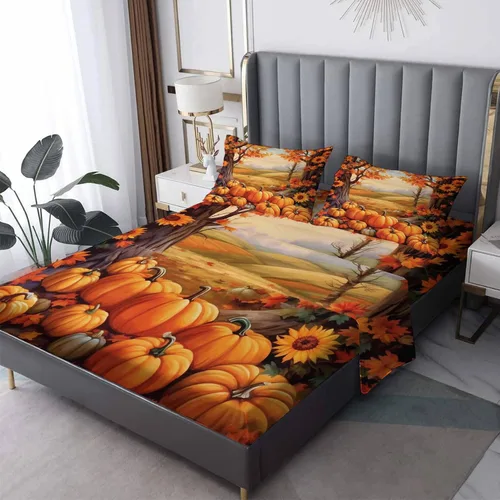 Miniatura 8 de Juego de sábanas de hojas de otoño tamaño individual, sábanas de microfibra suave y bolsillo profundo, sábanas y fundas de almohada estampadas sin