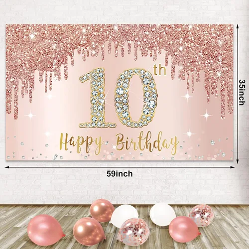 Miniatura 4 de Cartel de feliz cumpleaños número 10 con arco de guirnalda de globos de confeti, juego de globos de oro rosa para niñas, póster rosa de cumpleaños