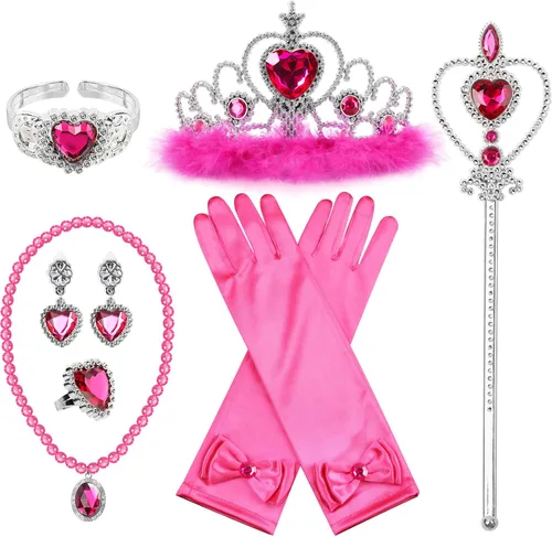 Miniatura 12 de Accesorios de disfraz de princesa BIBUTY, juego de 7 piezas para niñas pequeñas con corona de princesa, varita, guantes, collar, aretes, pulsera