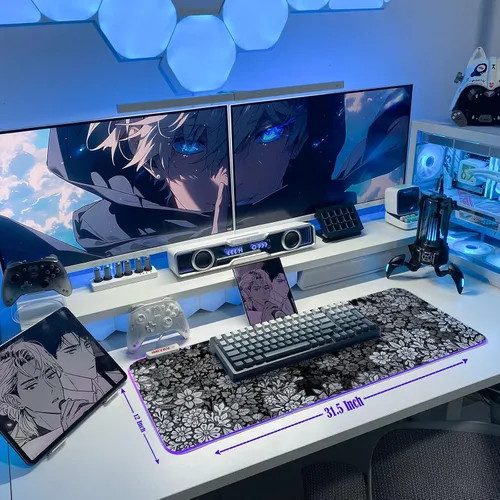 Miniatura 5 de JMIYAV Alfombrilla de mouse para juegos RGB en blanco y negro, 31.5 x 12 pulgadas, PC XL, grande, extendida y brillante, con luz LED, base de goma