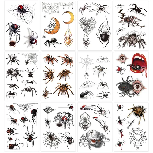 Miniatura 2 de YOKSAS Calcomanías de tatuaje temporal de araña 3D de terror de Halloween, 12 hojas de tatuajes de maquillaje facial para niños y adultos
