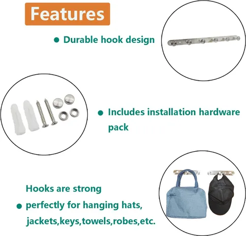 Miniatura 7 de Perchero montado en la pared, ganchos de acero inoxidable, perchero colgante de entrada resistente, perchero multiusos con 6 ganchos para plateado