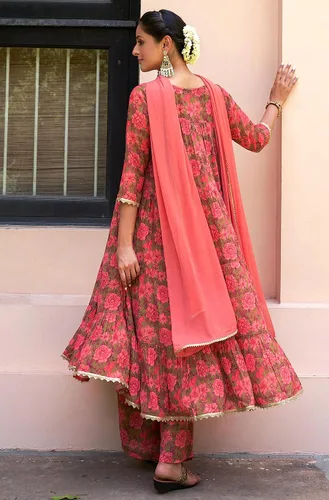 Miniatura 7 de Janasya Conjunto Kurta Embellecido con estampado floral digital rosa Georgette para mujer