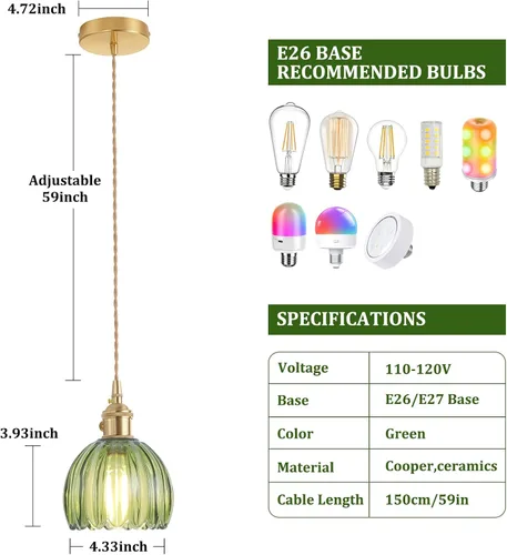 Miniatura 6 de Shenmoyl Lámpara colgante con pantalla de cristal de tulipán verde, lámpara colgante vintage de latón, luz colgante ajustable para cocina, isla