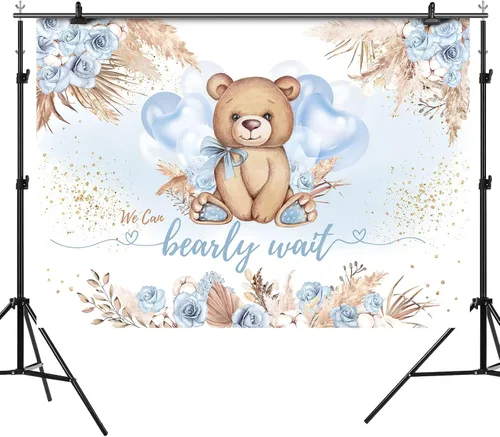 Miniatura 4 de Telón de fondo de baby shower con diseño de oso para baby shower, estilo bohemio, flor azul con texto en inglés "We can Bearly Wait", globos