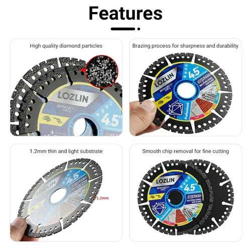 Miniatura 3 de LOZLIN Paquete de 3 Hojas de Sierra Multiusos de Diamante de 4.5" - Discos de Amoladora Angular de Servicio Pesado para Cortar