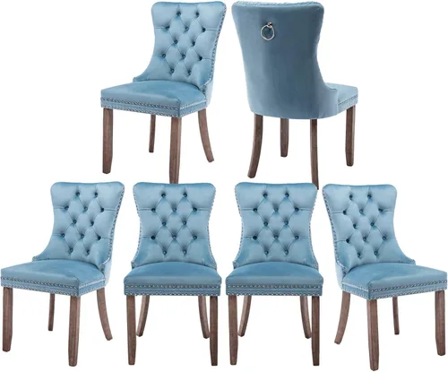 Miniatura 12 de Juego de 2 sillas de comedor de terciopelo, silla de comedor tapizada de alta gama con tirador de anillo en la espalda, adorno de clavos y patas
