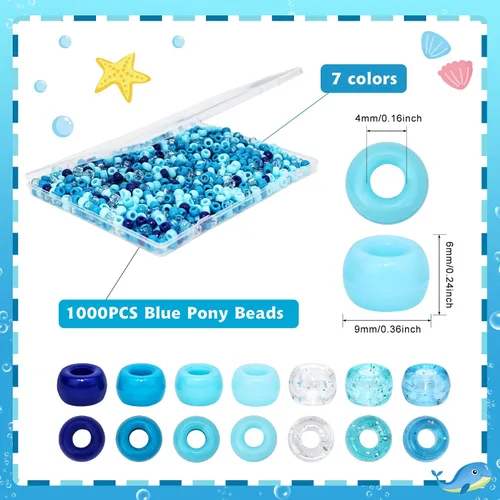 Miniatura 2 de Cuentas de poni azul, 1000 piezas surtidas de cuentas azules para hacer joyas, pulseras, manualidades, decoración del hogar, fiestas, manualidades