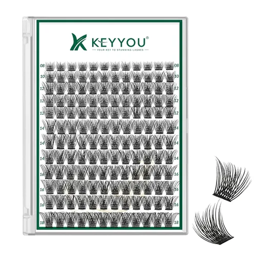 Miniatura 16 de KEYYOU Racimos de pestañas, 96 piezas de extensiones de pestañas DIY, rizado D de 16 mm, negro, realista, no irritante, fácil de colocar en casa