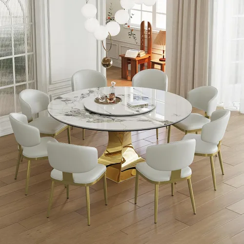 Miniatura 10 de Juego de mesa de comedor redonda de 9 piezas, moderna mesa de cocina de piedra sinterizada de 59 pulgadas con plato giratorio redondo de 31.5
