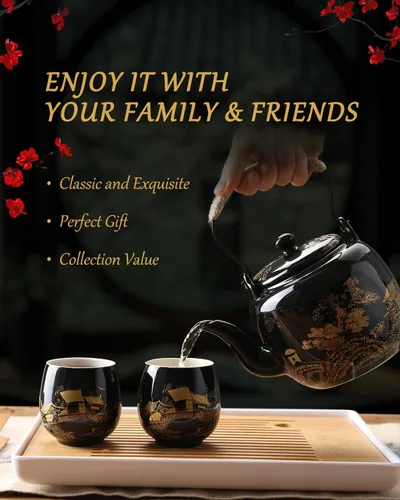 Miniatura 2 de Dujust Juego de Té Japonés, Juego de Té de Porcelana Negra con 1 Tetera, 6 Tazas de Té, 1 Bandeja de Té, 1 Infusor de Acero Inoxidable, Hermosos