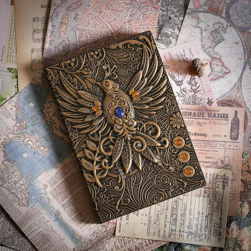 Miniatura 4 de Diario sin forro – Phoenix Brass 3D con diseño de arte en relieve de tapa dura en blanco, cuaderno de bocetos A5 con 2 marcadores, 8.4 x 5.7 Phoenix