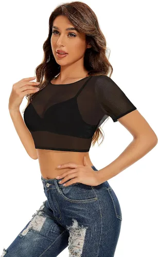 Miniatura 5 de Blusa de malla transparente para mujer, manga corta, manga larga, entallada, para discoteca