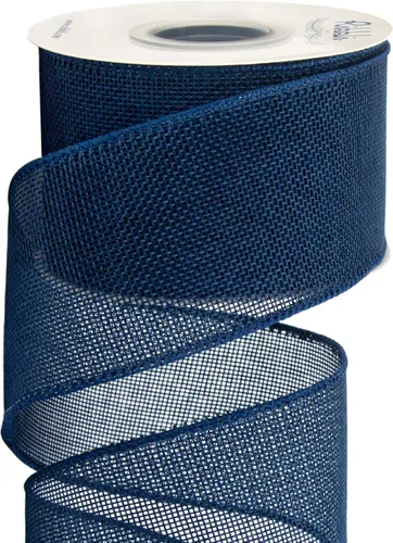 Ribbli Cinta con alambre de arpillera azul marino, 2-1/2 pulgadas x 10 yardas continuas, cinta con borde con alambre para lazo grande, corona,