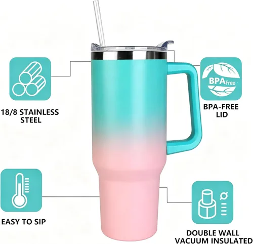 Miniatura 4 de SYACOT Vaso de 40 onzas con asa y pajita, vaso aislado de acero inoxidable, tapa a prueba de fugas y tapa con pajilla, taza de café de viaje