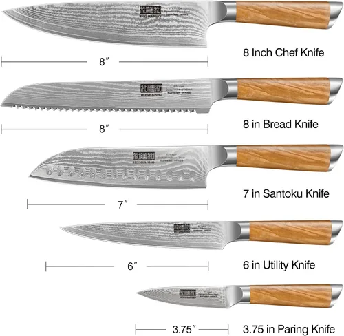 Miniatura 2 de HOSHANHO Juego de cuchillos de cocina de 5 piezas, cuchillos de chef profesionales de acero súper Damasco ultra afilados con mango ergonómico