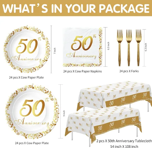 Miniatura 2 de APOWBLS Decoraciones y suministros para el 50 aniversario – Decoración dorada del 50 aniversario de boda, suministros para fiesta, plato de papel