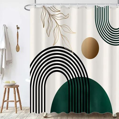 Miniatura 3 de Aipon Cortina de ducha verde de mediados de siglo para baño, cortina de ducha abstracta bohemia de tela moderna impermeable (72 x 72 pulgadas, verde)