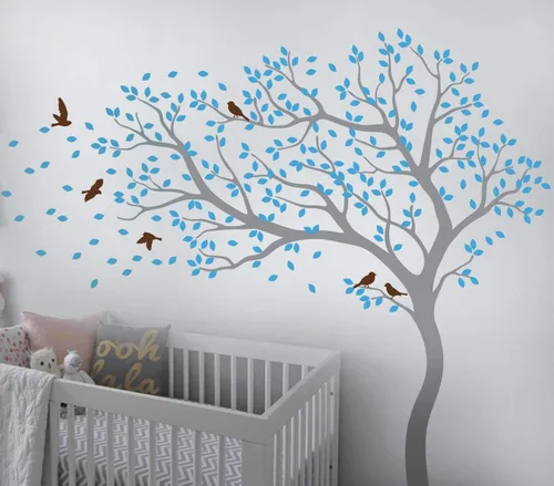 Miniatura 8 de Vinilo decorativo para pared de árbol grande con pájaros y hojas que soplan en el viento, adhesivo mural de bosque