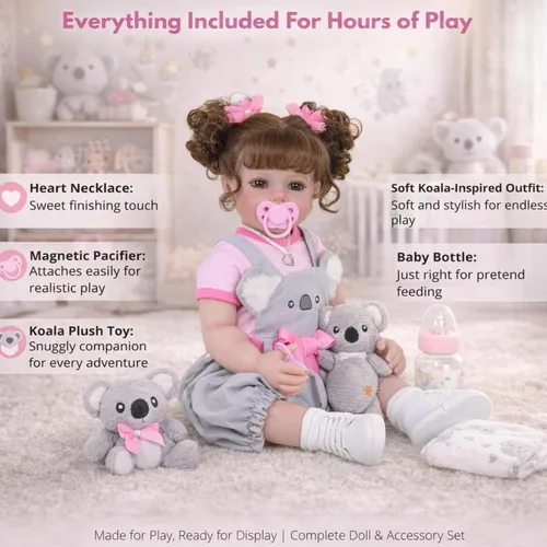 Miniatura 4 de Koala Cuddles - Muñeca realista Reborn de 22 pulgadas con pelo enraizado, cara pintada a mano en 3D y cuerpo de vinilo suave completo, atuendo rosa