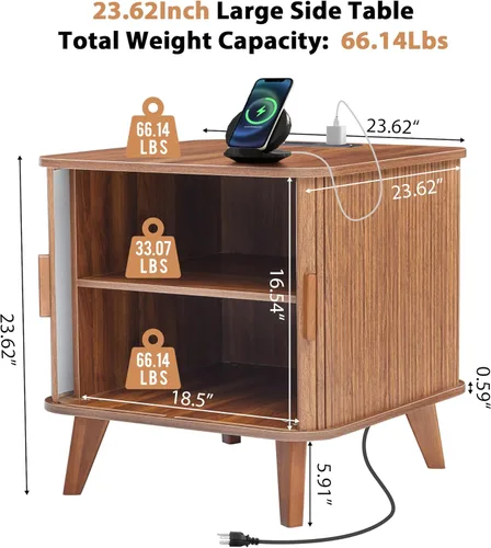 Miniatura 2 de AVZEAR Mesa auxiliar cuadrada grande de 24" con estación de carga, mesa lateral de sofá acanalada estilo granja con puerta tambour deslizante y Nogal
