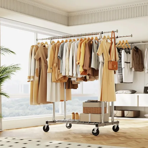 Miniatura 9 de HYSEYY Perchero de ropa resistente, perchero con ruedas para colgar ropa con estantes, carga de 700 libras, armario portátil con ruedas