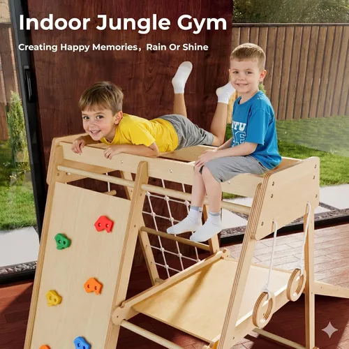 Miniatura 2 de Gimnasio de la selva para interiores para niños pequeños de 1 a 4 años, juego de escaladores de madera Montessori con tobogán, red de escalada