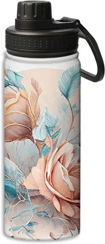Miniatura 16 de Botella de agua deportiva a prueba de fugas con diseño de conejito junto a flores lilas, 18 onzas, de acero inoxidable duradero de doble pared