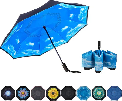 Miniatura 10 de Paraguas invertido de doble capa, plegado automático, reversible, resistente al viento y a los rayos UV, para lluvia, coche, viaje, al aire libre