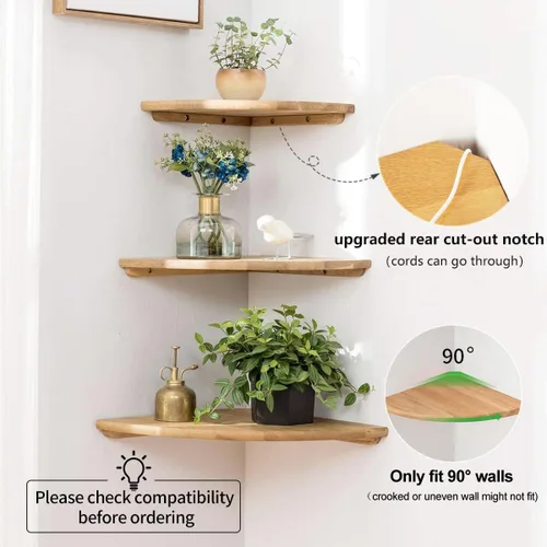 Miniatura 5 de Estante Esquinero, Estante Esquinero Flotante de Madera de Roble Macizo de 7 pulgadas Montaje en Pared Extremo Redondo Estantes Flotantes