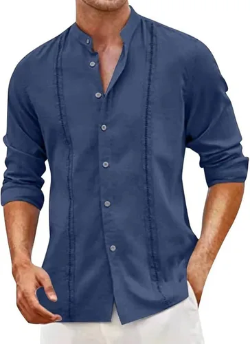 Miniatura 5 de Camisa de manga larga para hombre, sin cuello, ligera, transpirable, Guayabera Cuba camisa con botones para la playa Azul-cielo