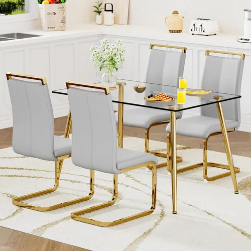 Miniatura 20 de Juego de mesa de comedor de vidrio Ebullient para 4, mesa de 51" de vidrio templado transparente con patas de metal negro y 4 sillas de acrílico