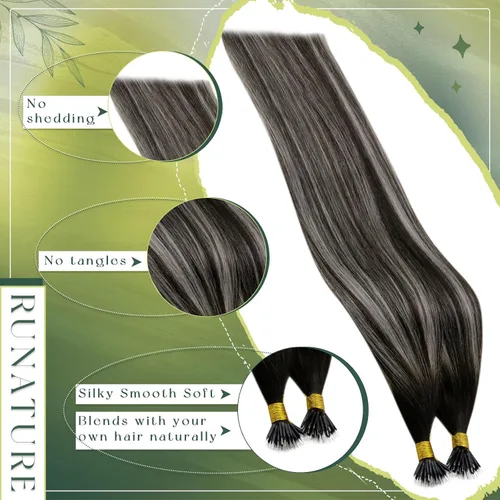 Miniatura 4 de RUNATURE Extensiones de cabello humano nano color negro degradado plateado, 14 pulgadas, 1.76 onzas, 50S, extensiones de cabello Remy suave liso