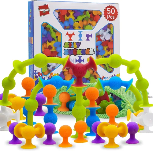 Silly Suckers Juego de juguetes de succión – Juguetes educativos de baño para bebés – Juego de construcción Montessori sensorial – Juguetes de baño