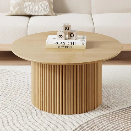 Miniatura 9 de Mesa de café redonda de 31.5", Mesa de centro moderna con acento acanalado y marco de metal, mesas de café de madera redondas para sala de estar