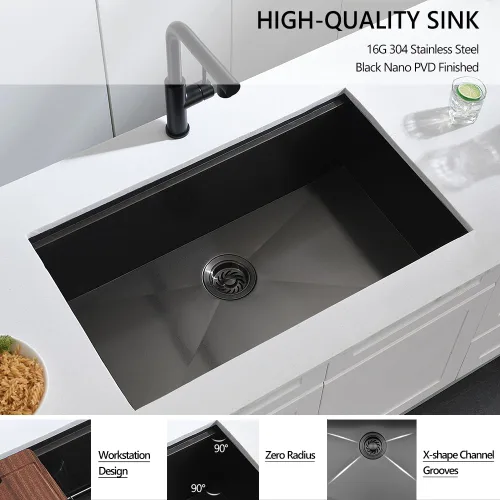 Miniatura 4 de Fregadero de cocina negro 32 para montaje inferior, 32 x 19 x 10 pulgadas, fregadero de cocina de acero inoxidable negro calibre 16, fregadero