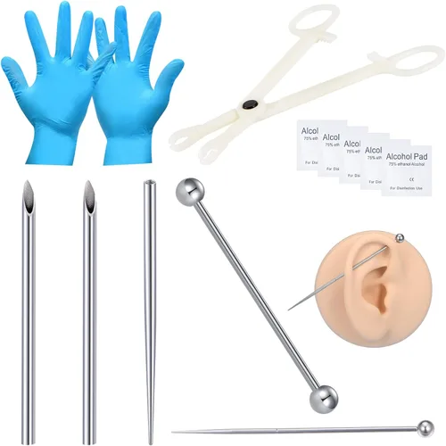 Miniatura 5 de DJCIW Kit de Perforación con Agujas Desechables 12G 14G 16G 18G, Pinzas, Dilatador para Ombligo, Nariz, Tabique, Pezón, Lengua, Ceja, Labio Kit