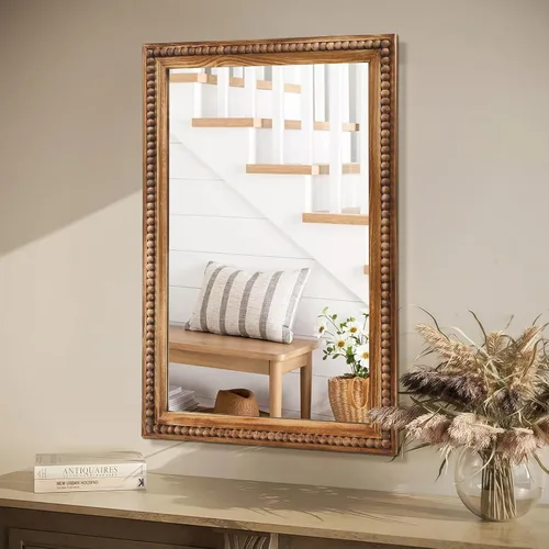 Miniatura 4 de ULIKE Espejo rectangular de madera con marco de cuentas de madera natural, 24 x 36 pulgadas, espejo de pared rústico de granja para baño, guardería