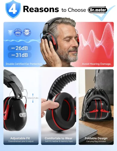 Miniatura 6 de Dr.meter Orejeras de protección para los oídos, orejeras de seguridad con reducción de ruido de 31 dB con diadema ajustable para adultos, niños