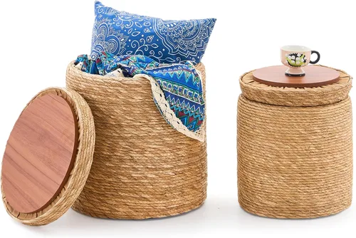 Miniatura 20 de Wimarsbon Taburete de pie de hierba marina natural, otomana redonda tejida a mano, para sala de estar, asiento al aire libre (natural)