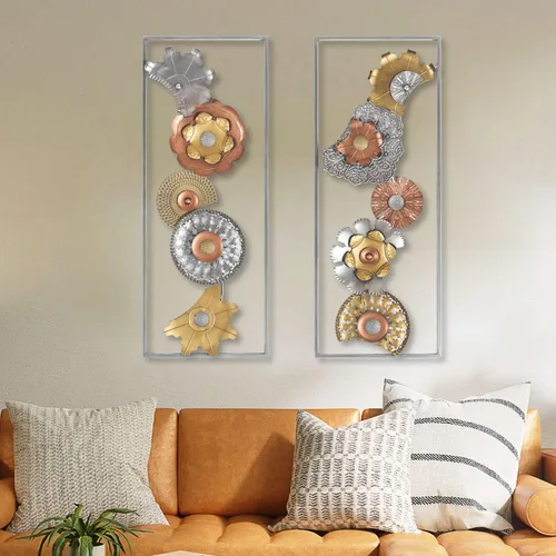 Miniatura 4 de Asense Juego de 2 flores de metal para colgar en la pared con marco, 36 x 14 pulgadas, esculturas modernas de arte de pared de metal dorado