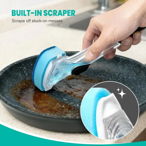 Miniatura 3 de Varita de cocina con recambios, varita para platos con cabezales de esponja de repuesto de mango, control de jabón antiarañazos, dispensador a