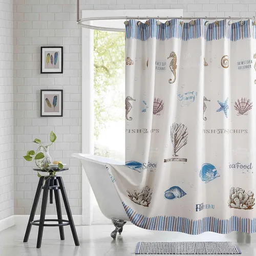 Miniatura 12 de Cortina de ducha náutica, cortina de ducha azul marino y blanca para cubículo de 54 x 72, cortinas de ducha de tela con estampado de ancla y velero